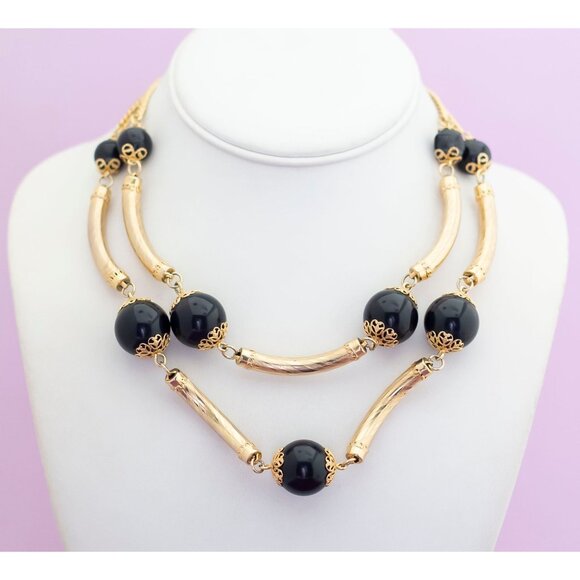 Vintage Gothic Black and Gold Tone Multi-Strand Necklace 18 Inches - Q22 - Picture 1 of 3